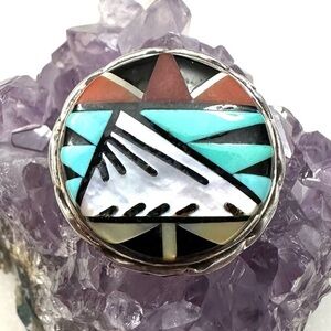 C.C. Booqua Native Zuni Mother of Pearl Red Coral Jet Inlay Pendant and Brooch